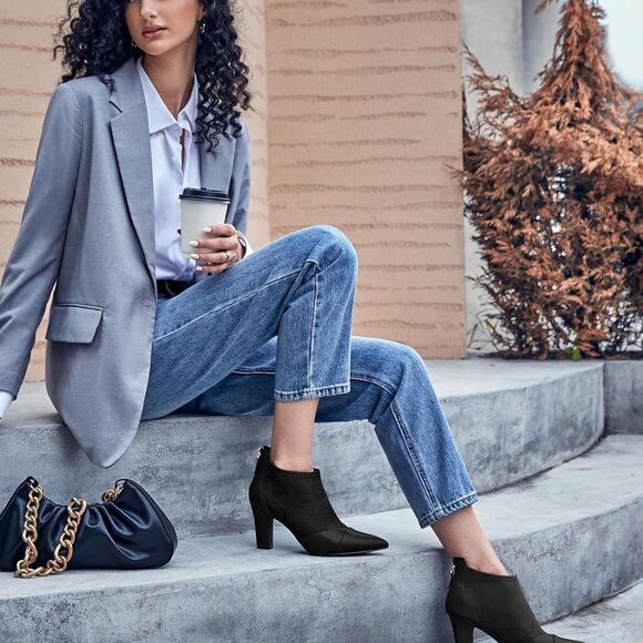 Womens Ankle Booties Faux Leather Suede Pointed Toe High Heel Zipper Shoes - Picture 2 of 6